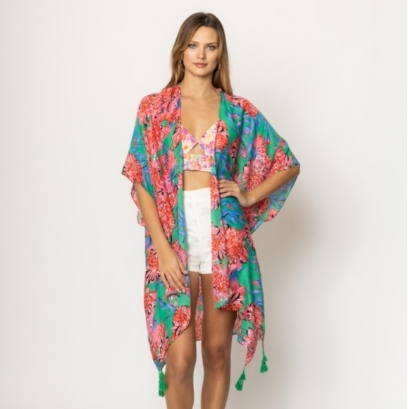 Do Everything In Love Floral Kimono Swim Coverup Boho Tassels Green Pink O/S - Picture 3 of 10